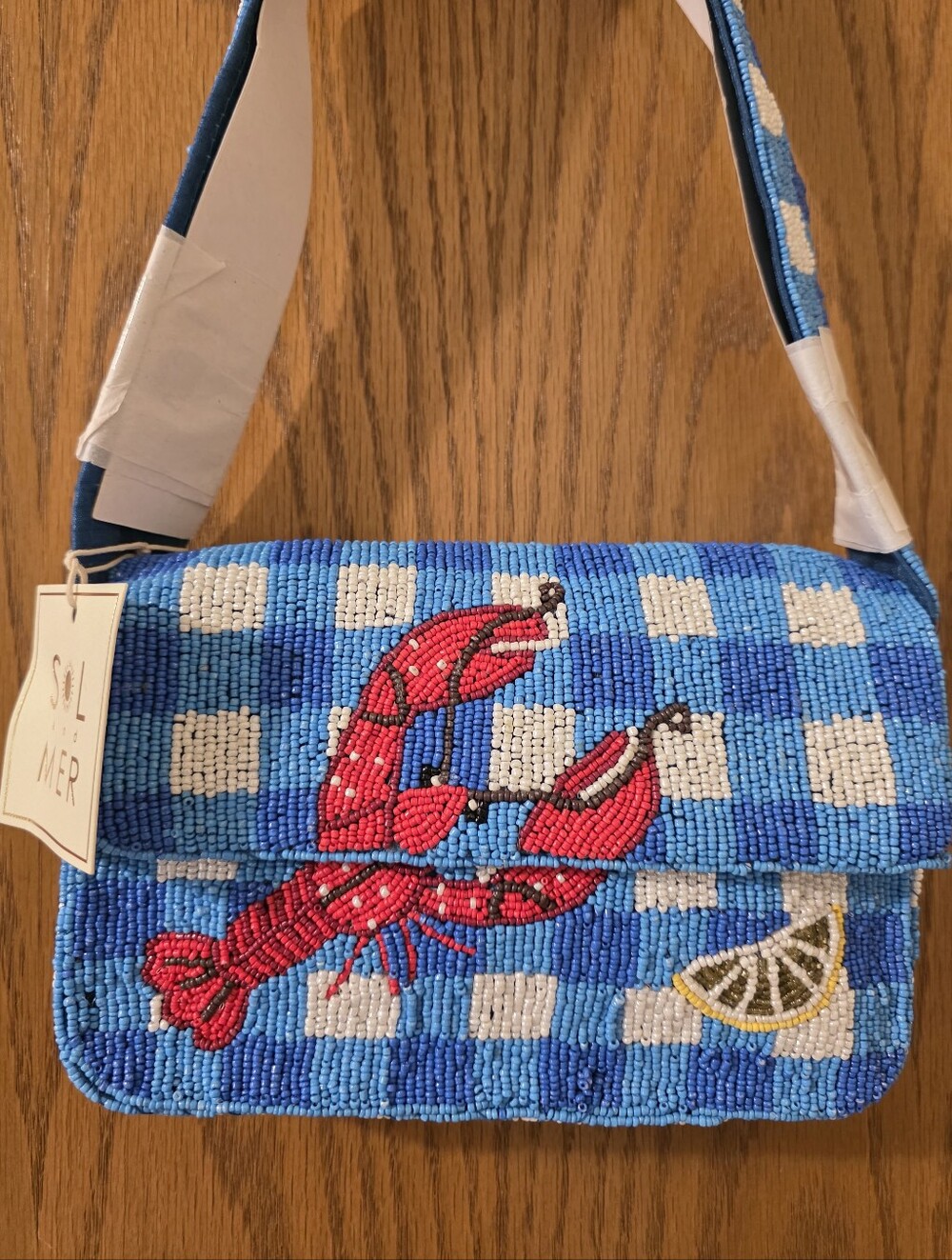 SOL AND MER BEADED CHECKERED "LOBSTER" SUMMER SHOULDER BAG VIRAL - Picture 14 of 14
